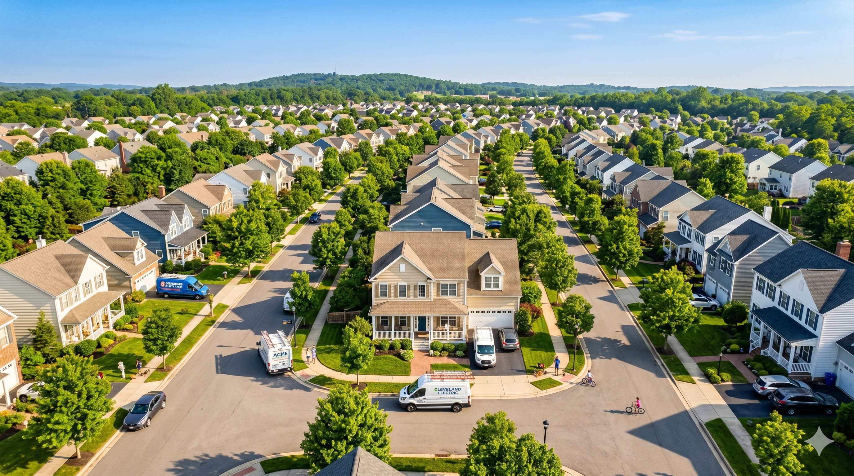 A sunny neighborhood with local service vehicles on residential streets