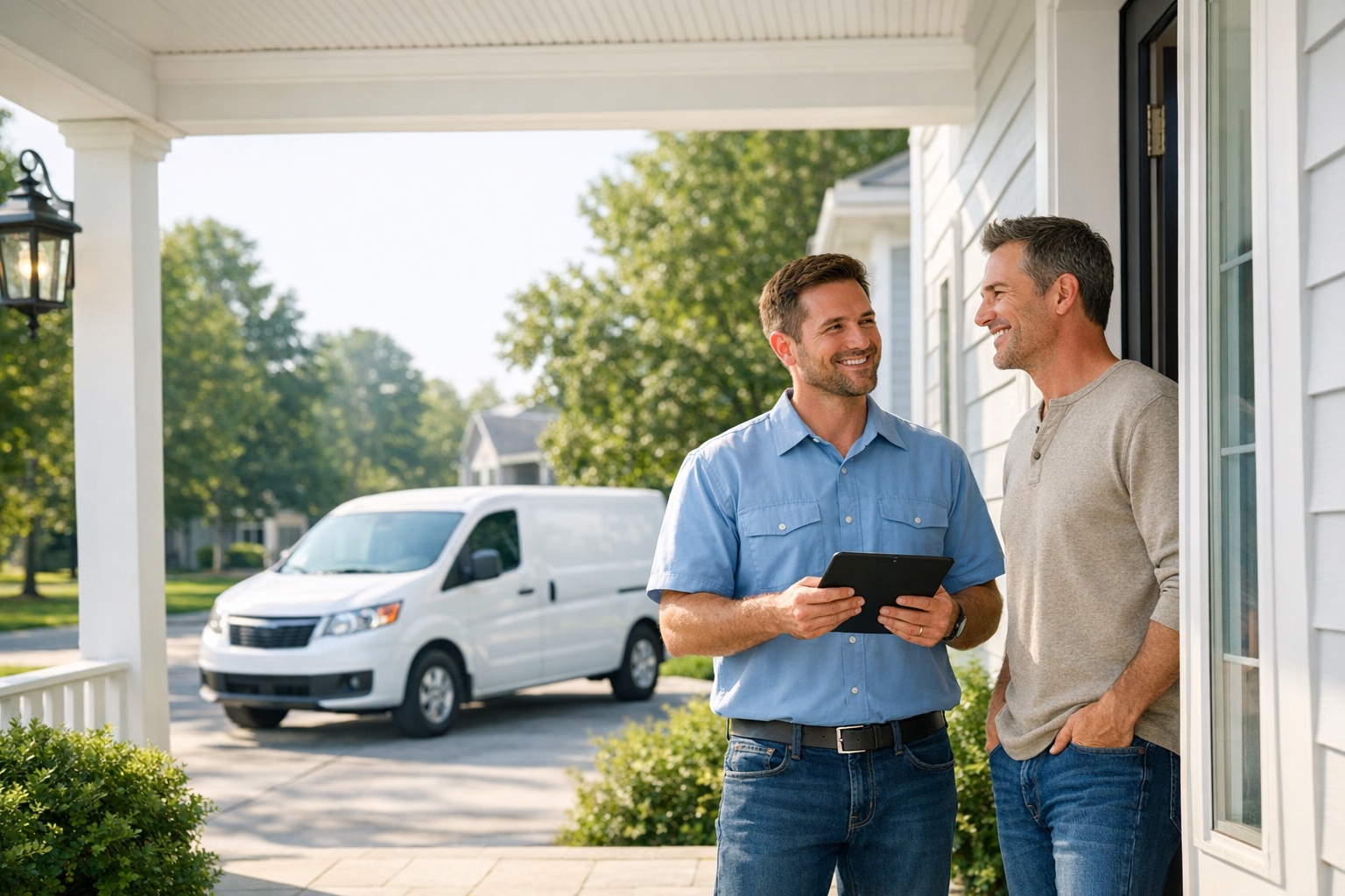 A local service professional speaking with a homeowner at the front door