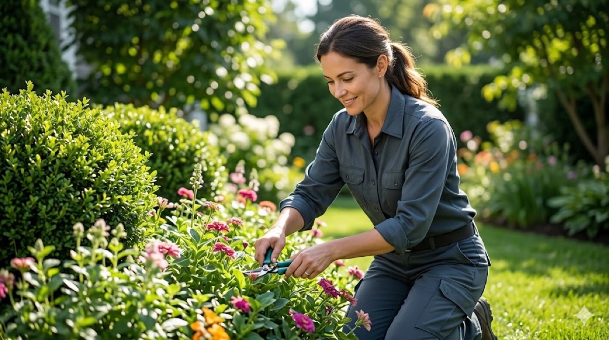 A trusted local landscaping pro caring for a garden