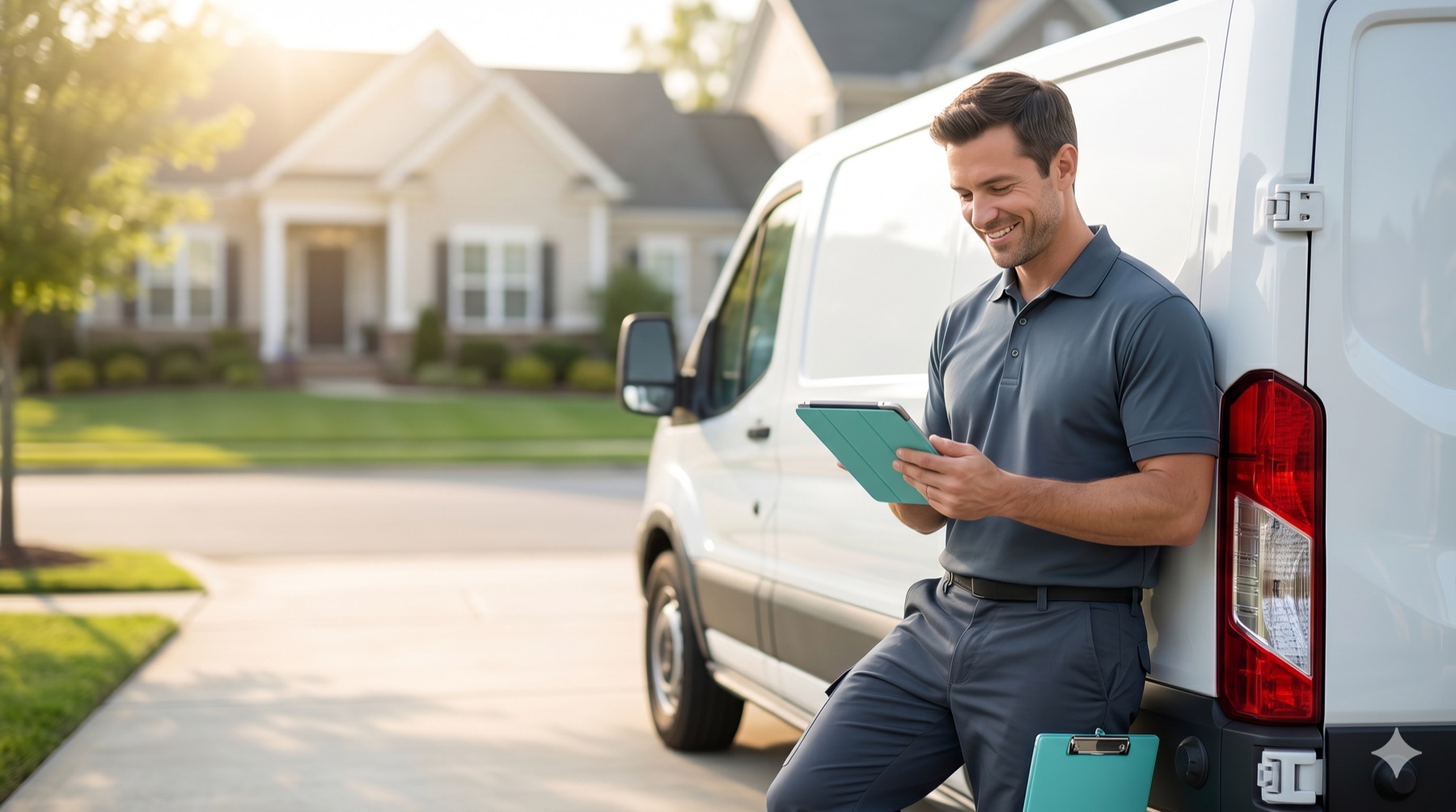 A local service professional reviewing a request beside a white service van